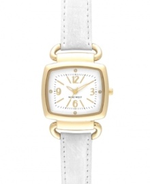 Unadulterated style with a flash of brilliance, by Nine West. Crafted of white leather strap and rectangular gold tone mixed metal case. White dial features black minute track, gold tone numerals at three, six, nine and twelve o'clock, applied stick indices, dot markers with crystal accents, gold tone hour and minute hands, sweeping second hand and logo at six o'clock. Quartz movement. Limited lifetime warranty.