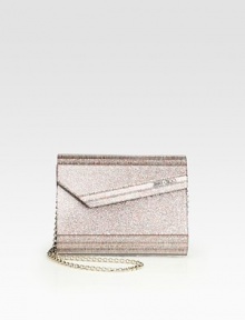 An ultra-modern, glitter design that can be worn along the shoulder or held as a clutch.Chain shoulder strap, 21 drop Magnetic snap top closure Inside open pocket Fully lined 6½W X 5H X 2D Made in Italy 