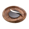 Designer Sean O'Hara emphasizes the glowing warmth of acacia wood by accenting this 14-inch-diameter cheese tray with a granite cutting surface and accompanying the tray with a lustrous 9-inch stainless-steel knife. Shaped in a double curve for beauty and utility, the knife fits comfortably in the hand and has a pointed tip for impaling cheese slices so they can be easily transferred to crackers or plates. The tray's swooping rim, inspired by a butterfly, rises to 2.5 inches high. Acacia, a dense, durable hardwood, features finely patterned grain of varying shades and, being naturally resinous, will not absorb stains or odors. The tray and granite cutting surface can be hand washed with warm soapy water. Forged of durable, rust-resistant 18/10 stainless steel, the knife is dishwasher-safe.