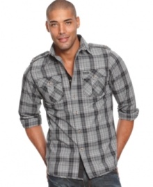 Change up your everyday pattern with this plaid button-front shirt from Rocawear.