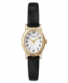 A timeless, easy-to-read design by Timex. Watch crafted of black leather strap and oval-shaped gold tone mixed metal case. White dial features black numerals at markers, three gold tone hands, and logo. Quartz movement. One-year limited warranty.