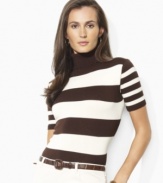 Accented with chic wide stripes, Lauren by Ralph Lauren's short-sleeved turtleneck is jersey-knit in a luxe blend of silk and cotton yarns for a soft hand.