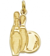 The perfect strike! This cute charm features three bowling pins and a bowling ball, all in polished and textured 14k gold. Chain not included. Approximate length: 9/10 inch. Approximate width: 1/2 inch.