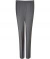 Elegant pant in fine, charcoal grey wool blend - Soft, lighter weight material with subtle pin stripe - Modern silhouette is straight and slim cut - Crease from hip to hem flatters and lengthens the leg - Tab waist with belt loops - Side pockets and welt pockets at rear - A polished, versatile go-to in any wardrobe - Seamlessly transitions from day to evening - Pair with a jacket and cashmere pullover or button down