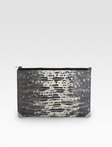 An effortlessly cool style in luxurious python embossed leather.Top zip closureProtective metal feetEight credit card slotsTwo inside open pocketsFully lined10½W X 7H X ¾DImported