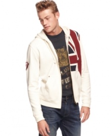 Union Jack is the national flag of the UK and birthplace of the Rolling Stones. This hoodie by the Rolling Stones has the Union Jack graphic and their signature logo on right sleeve.