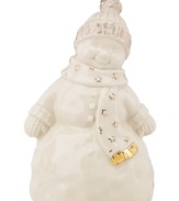 Festive and functional, this Lenox snowman figurine doubles as a sound recorder. Ivory glazed porcelain with gold glitter and trim conceals a mechanism to preserve your most boisterous holiday moments.