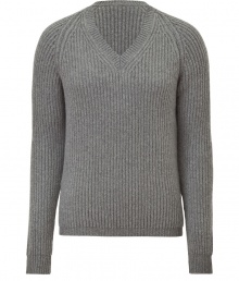 Inject urbane-cool style into your casual look with this wool-and-cashmere-blend sweater from Jil Sander - V-neck, long sleeves, all-over rib knit - Style with slim trousers or jeans and suede ankle boots