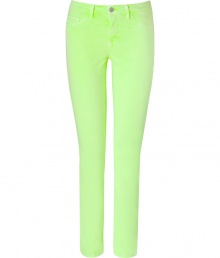 Stylish jean in fine, cotton stretch blend - On-trend in neon yellow - Skinny, medium rise capri cut sits comfortably at hips - Classic five pocket style crops above ankles - Zip fly, belt loops and single button closure - Versatile and chic, great for day or evening - Dress up with an oversize silk blouse and platform pumps, or go for a more casual look with a billowy tunic top and leather sandals