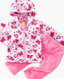 Her heart will flutter for this adorable heart and butterfly printed fleece and pants set by Penelope Mack.