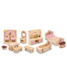 A regal suite of wooden furniture awaits a majestic decorator's hand to set the scene for royal adventures. With thrones, an old-fashioned kitchen range and a treasure chest, this 12-piece set provides enough furnishings to make any castle fit for a princess!