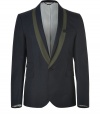 Lend a high-style finish to your tailored look with McQ Alexander McQueens two-tone tuxedo blazer - Shawl collar, long sleeves, buttoned front, flap pockets, slit chest pocket, back vent - Tailored fit - Wear with a button-down, slim fit trousers and slipper-style loafers