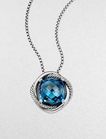 From the Infinity Collection. A beautiful, faceted blue topaz stone set in sleek sterling silver on a box link chain. Blue topazSterling sterlingLength, about 18Pendant size, about .55Lobster clasp closureImported 