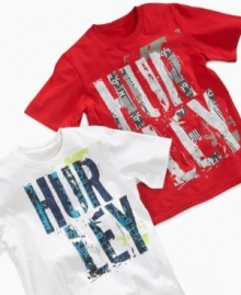 Add a little urban inspiration to his casual attire with this wordmark graphic tee shirt from Hurley.