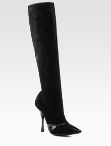 A sculpted boot in buttery suede with a hint of stretch and glossy patent leather trim. Lacquered heel, 4½ (115mm)Shaft, 16Leg circumference, 12½Stretch suede upper with patent leather trimPoint toePull-on styleLeather lining and solePadded insoleMade in Italy