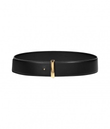 Cinch your look in luxe style with this lovely leather belt from Salvatore Ferragamo - Smooth leather with gold-tone buckle - Wear with a tie-neck blouse, a pencil skirt, and a long cardigan