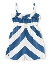 A pretty cotton jersey one-piece is designed for a preppy, nautical look with bold stripes, a ruffled neckline and a drawstring waist.