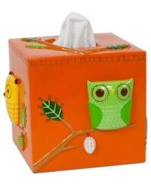 Hoo says owls only come out at night? Wise up to the new look in bath with the Give a Hoot tissue holder, featuring a whimsical owl-and-branch design in a palette that's just right, morning or midnight.