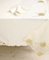 Make your holiday extra-special with the right setup. A traditional symbol of the Christmas season, a golden poinsettia motif graces this Shimmering Poinsettia tablecloth for a look of timeless elegance.