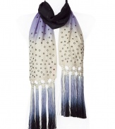 Luxurious scarf in fine printed silk - fashion color iris blue, decorative tie-dye optic - a dream accessory, nice and long, moderate width - stylish XL-fringes - noble, glamorous AND trendy - pairs with literally everything in your closet, from a simple shirt to a shift dress to a biker jacket