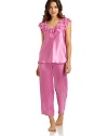 THE LOOKTiers of chiffon ruffles adorn the yoke and cap sleevesV-neck with center chiffon bowSatin bodySatin drawstring waist pajama pantsTHE FITTop: about 25 from shoulder to hemPants: rise, about 10; inseam, about 26THE MATERIALPolyesterCARE & ORIGINMachine washImported