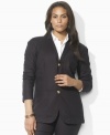 Inspired by smartly tailored menswear looks in a slightly longer length, the ultra-feminine plus size Lauren by Ralph Lauren jacket is rendered in sleek cotton twill.