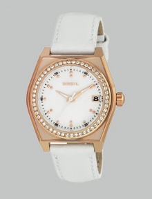 From the Escape Collection. A unique timepiece featuring a warm rose goldtone ion-plated stainless steel contour case with a Swarovski crystal accented round inset case. Quartz movementWater resistant to 10 ATMContour rose goldtone ion-plated stainless steelcase, 34mm (1.3) Swarovski crystal inset bezelWhite dialDot markersDate display at 3 o'clockSecond hand White leather strapImported