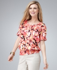 A vibrant print updates a pretty peasant top from Style&co.  Wear it with jeans, shorts or capris for a fun anytime look!