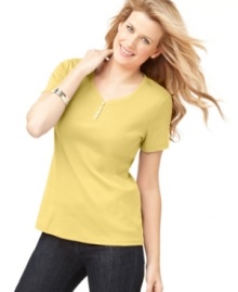 Karen Scott's petite henley has a casual fit that pairs well with your favorite jeans. The decorative buttons give the top just a little panache!