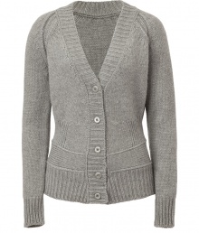 Raise the bar on modern essentials with Closeds elegant heather grey cardigan - Super-soft, acrylic, alpaca and wool knit - Slim cut with deep v-neck and five-button placket - Rib trim at cuffs, collar and hem - Decorative banded seams at hips - Casually chic, perfect for pairing with skinny denim, pencil skirts and cigarette pants