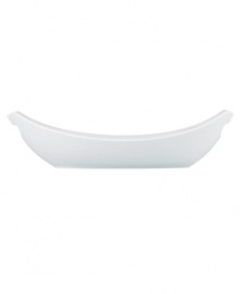 Feature modern elegance on your menu with the Classic Fjord oval serving dishes from Dansk dinnerware. The dishes serve up glossy white porcelain with a fluid, sloping edge that prevents spills and keeps tables looking totally fresh.