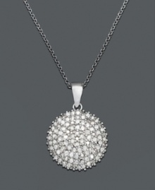 Round out your look with the perfect amount of shine. This circular pendant highlights dozens of round-cut diamonds (1 ct. t.w.) strung from a sterling silver chain and setting. Approximate length: 18 inches. Approximate drop: 1 inch.