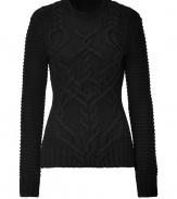 Chunky modern knits are a trend-favorite must this season, and Derek Lams black cabled wool pullover is an ultra luxe choice - Rounded neckline, long sleeves, ribbed trim, side slits, longer in the back, slim fit - Pair with feminine pencil skirts and edgy over-the-knee boots