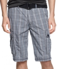 Cool checks. The neutral plaid of these cargo shorts from DKNY give them the versatility to compliment a t-shirt or dress down a polo.