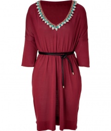 Knit dress in dark-red silk has a kimono cut that is fitted with a double-bonded belt - Features a wide V-neckline that is adorned with shells and beading - The perfect summer dress for daytime events, garden parties and vacation - Pair with cork wedges or flat thong sandals