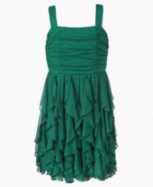 Flirty ruffles make this corkscrew dress from Ruby Rox a flowy addition to her sweet party style.