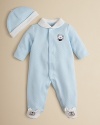 Burly bear embroidery decorates a soft cotton footie and hat set from Little Me.