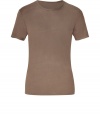 Stylish t-shirt in fine, pure light brown linen - Supremely soft, summer weight material has a well-worn, vintage look - Round neck, short sleeves and decorative seams - Slimmer cut tapers gently through waist - Casually cool, easily dressed up or down - Wear solo or layer beneath a blazer and pair with jeans, chinos, shorts or linen trousers