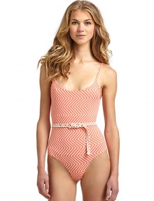 THE LOOKZigzag stripes patternAdjustable shoulder strapsScoop necklineContrast zigzag belt with buckleHigh cut leg openingsLogo-embossed button at sideTHE MATERIAL80% nylon/20% spandexCARE & ORIGINHand washImported