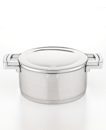 State of the art. Cook in style & confidence with this stunning stockpot crafted from durable 18/10 stainless steel with a promise for professional performance & innovation. A sleek construction heats up quickly & evenly and features a versatile cover that doubles as a handy hot plate. Lifetime warranty.