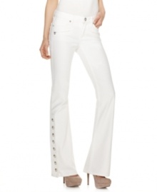 Biker-chic gets updated for spring with these white moto-inspired Andrew Charles flared jeans featuring hardware buttons to up the edge!