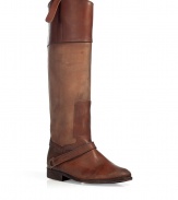 Stylish riding boots in chestnut vintage leather - From the Italian cool label Golden Goose - Long, moderately wide shaft, sloped down at the top - Round toe, cool spur strap - Vintage look, the boots look like theyve been worn for years - A somewhat distressed look - a hip mix of riding and biker boots - Sturdy, comfortable, a boot for life - Sexy styling: with a mini skirt and over-the-knee stockings, so only a little bit of bare leg sticks out - and topped with a biker jacket