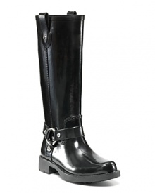 Slip-on rainboots with a motorcycle chic look. Decorative belted harness accents ankle. Pull tabs at top for easy on and off. 1.25 rubber heel. Fabric lining and rubber tread sole.