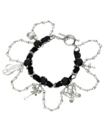 Delicate detailing defines GUESS's black satin ribbon and woven chain charm toggle bracelet. Embellished with jet and crystal stones, it's crafted in silver tone mixed metal. Approximate length: 7-1/2 inches.