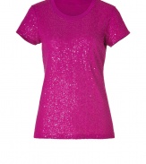 Shimmer into new season glamour with DKNYs allover sequined tee, a perfectly versatile addition to your desk-to-dinner wardrobe - Round neckline, short sleeves - Form-fitting - Wear with everything from jeans and flats to fancy skirts and heels