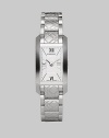 Sleek stainless steel with engraved check link strap.Swiss quartz movement Water resistant to 3 ATM Stainless steel rectangular case, 25mm x 33mm, (0.98 x 1.29) Silver check pattern dial Roman numeral and index hour markers Stainless steel check engraved bracelet, 18mm, (0.71) Made in Switzerland 