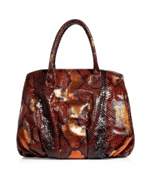 Bring bold style to any ensemble with this unbelievably lavish metallic python bag from Zagliani - Classic tote with dual carrying handles, large slouchy shape, slightly gathered bottom, multiple internal compartments, bold red lining -Pair with a slinky cocktail sheath and statement heels