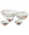 Dish it out in style! This compact, stackable set of bowls is perfect for putting out dips and sauces to colorful sides and salads. Includes one large serving bowl, one medium bowl and three small bowls. Coordinates with the beautiful Chirp dinnerware and dishes collection from Lenox Simply Fine. Qualifies for Rebate