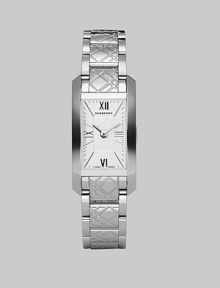 Sleek stainless steel with engraved check link strap.Swiss quartz movement Water resistant to 3 ATM Stainless steel rectangular case, 25mm x 33mm, (0.98 x 1.29) Silver check pattern dial Roman numeral and index hour markers Stainless steel check engraved bracelet, 18mm, (0.71) Made in Switzerland 