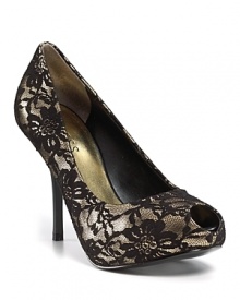 Metallic sheen and delicate lace give these peeptoe pumps a romantic texture for a glamourous night out. By GUESS.